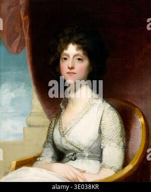 Dieses fesselnde Ölgemälde aus den späten 1790er oder frühen 1800er Jahren, das dem amerikanischen Künstler Stuart Gilbert zugeschrieben wird, stellt Marianne Ashley Walker in einem königlichen Stuhl dar. Die elegante Frau mit dunklen lockigen Haaren wird in einem weißen Kleid dargestellt, vor dem Hintergrund eines kräftigen roten Vorhangs und einem Hauch eines klassischen architektonischen Elements mit blauem Himmel. Stockfoto