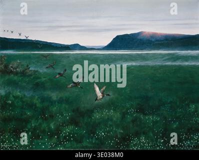 Dieses faszinierende Gemälde von Theodor Kittelsen, wahrscheinlich aus dem späten 19. Oder frühen 20. Jahrhundert, zeigt eine Herde von Enten im Flug über eine ruhige, grüne Landschaft mit einem Gewässer und fernen Bergen. Der unverwechselbare Stil des Künstlers fängt das ätherische Licht und die natürliche Schönheit der nordischen Landschaft ein, die charakteristisch für sein Werk ist. Das Gemälde weckt ein Gefühl wilder Ruhe und Bewegung der Natur. Stockfoto