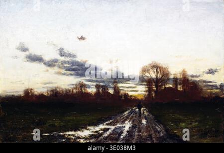 Dieses impressionistische Ölgemälde mit dem Titel „Sonnenaufgang“ von Theodore Clement Steele, das 1886 gemalt wurde, zeigt eine Einzelfigur, die auf einem nassen, reflektierenden Pfad durch eine dunkle Landschaft geht. Der Himmel darüber ist mit dem sanften, gedämpften Leuchten eines aufsteigenden Sonnenaufgangs beleuchtet, der auf den Beginn eines neuen Tages hinweist. Stockfoto