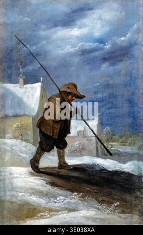 Dieses fesselnde Ölgemälde mit dem Titel „Winter“ von David Teniers dem Jüngeren, das wahrscheinlich aus dem 17. Jahrhundert stammt, zeigt eine Einzelfigur, die durch eine schneebedeckte Landschaft streift. Die Szene erinnert an die Härte des Winters mit einem dramatischen, bewölkten Himmel und schneebedeckten Dächern im Hintergrund, die charakteristisch für die flämische Barockkunst sind. Stockfoto