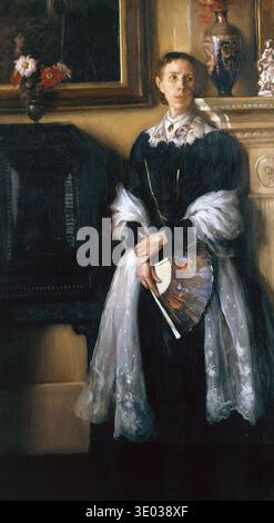Dieses fesselnde Ölgemälde aus dem späten 19. Oder frühen 20. Jahrhundert mit dem Titel „Portrait of a Lady“ wird der Künstlerin H. Margaret Spanton zugeschrieben. Das Werk zeigt eine Frau, die elegant in einem dunklen Kleid mit weißem Spitzenkragen und einem fließenden weißen Schal gekleidet ist und einen zarten Ventilator hält. Stockfoto