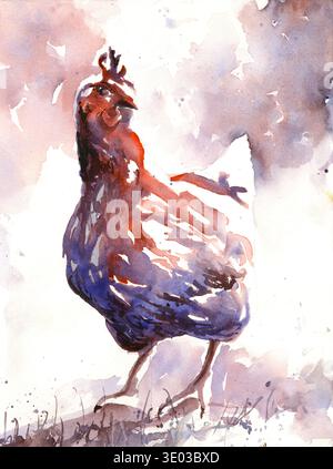 Bunte Hahn Aquarellmalerei Bauernhof Tier Kinder Zimmer Dekor Kunst für Haus Wildtiere handgemachte Artikel Vogel Kunst Stockfoto