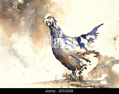 Farbenfrohe Aquarellmalerei Hühnchen Kinder Zimmer Dekor Kunst für Haus Tier Bauernhof Vogel handgemachte Artikel limitierte Palette Kunstwerke Stockfoto