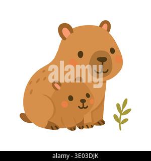 Entzückendes Capybara-Elternteil mit Baby-Illustration, die Tierfamilie, tropischen Tiercharakter, Kinderzimmer-Dekor, Naturpädagogik-Grafiken und darstellt Stock Vektor