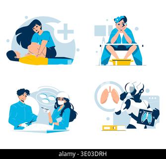 Vektor-Illustration mit vier medizinischen Szenarien: HLW-Notfall, eine durchdachte Person mit Geräten, ein chirurgisches Team bei der Arbeit und ein Roboter, der ein Röntgenbild analysiert. Betont Gesundheitswesen und Technologie. Stock Vektor