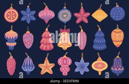 Weihnachtsbaumkugeln. Ornament auf Kugelstern, Weihnachtsdekorationen, bunte Kegel, einfache Glockenfigur im Retro-Stil. Vintage Schneeflocken-Elemente. Vektor-Cartoon flache Art isoliertes Set Stock Vektor