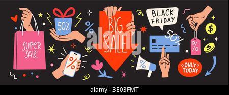 Halten Sie den Warenkorb in der Hand. Rabatt am Black Friday. Business Marketing Banner oder Verkaufswerbung. Sonderangebot in Prozent. Geschenkbox. Telefon-App. Zahlung per Kreditkarte zum Kauf. Vector Flat Aufkleber Set Stock Vektor