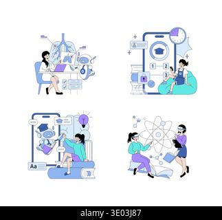 Vektorillustration, die die Interaktion zwischen Menschen und Robotern in Bildungseinrichtungen zeigt. Szenen zeigen Online-Lernen, KI-Unterricht, Augmented Reality in der Wissenschaft und virtuelle Klassenzimmer. Stock Vektor