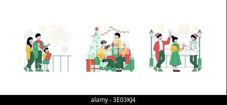 Vektor-Illustration einer Familie, die festliche Momente genießt. Sie versammeln sich um einen Weihnachtsbaum, tauschen Geschenke aus, schauen Feuerwerke an und feiern mit Glitzern. Fröhliche Ausdrücke unterstreichen eine warme Feier. Stock Vektor