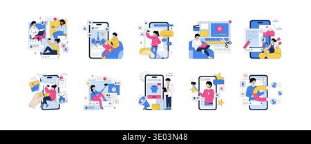 Vektorillustration mit dynamischen Social-Media-Interaktionen, Content-Erstellung und digitalen Marketingstrategien. Umfasst verschiedene Aktivitäten wie Bloggen, Selfies teilen und Online-Shopping. Stock Vektor