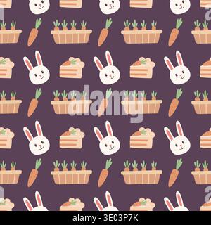 Ostern Muster Vektor flach Hand gezeichnet Stil nahtloser Hintergrund Häschen Karotte und Kuchen Ornament Textil und Verpackung Papier Design Stock Vektor