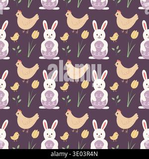Ostern Muster Vektor flach Hand gezeichnet Stil nahtlose Hintergrund Hase Huhn und Tulpe Ornament Urlaub Textil und Verpackung Papier Design Stock Vektor