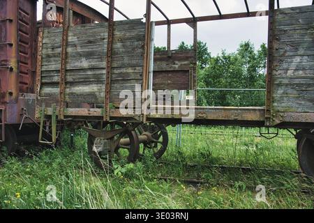 Vintage verlassener hölzerner Eisenbahnwaggon in einem grünen Feld Stockfoto