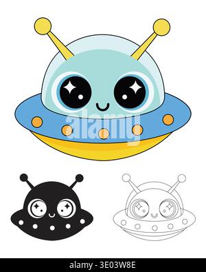 Niedliches gelbes und blaues Alien-UFO mit Linie Art Outline und schwarzer Silhouette Vektor-Illustration Stock Vektor