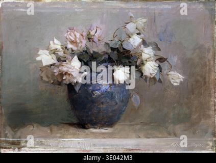 Dieses fesselnde Ölgemälde mit dem Titel „Rosen“ des amerikanischen Künstlers Abbott Handerson Thayer, wahrscheinlich aus dem späten 19. Oder frühen 20. Jahrhundert, zeigt einen vollen Blumenstrauß aus weißen und rosa Rosen in einer rustikalen blauen Vase. Thayers zarte Pinsel und die dezente Farbpalette schaffen eine ruhige und zeitlose Stillleben-Komposition, die seine Beherrschung von Realismus und leiser Eleganz zum Ausdruck bringt. Stockfoto