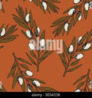 Nahtloses Muster mit Olivenzweig. Tinte Hand gezeichnete Oliven Hintergrund. Botanische Pflanzenvektor-Illustration für Druck, Stoff, Textil. Ein Zweig von an Stock Vektor