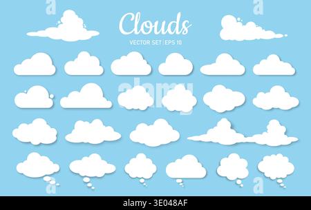 Ein Satz weißer Wolken unterschiedlicher Formen auf blauem Hintergrund. Eine Reihe von Karikaturwolken und Sprechblasen im Zeichentrickstil. Stock Vektor