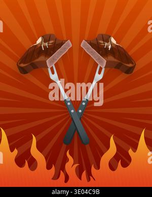 Köstliches gegrilltes Steak auf überkreuzten Gabeln mit intensiven Flammen und einem radialen Sonnenaufgang. Hier werden Barbecue-, Sommer- und Outdoor-Gerichte angeboten Stock Vektor