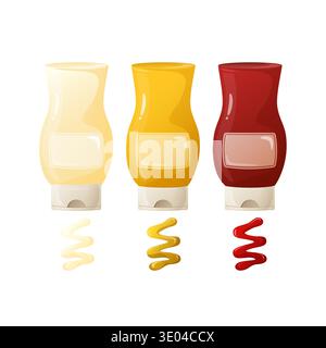 Flaschen mit klassischen Saucen (Mayonnaise, Senf, Ketchup) mit verschütteten Flüssigkeiten, die beliebte Würzmittel für Snacks und Mahlzeiten darstellen Stock Vektor