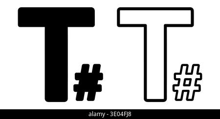 Dieses Bild zeigt eine auffällige Kombination aus dem Buchstaben T und dem Hashtag-Symbol, die sowohl in Schwarz als auch in Konturen dargestellt werden. Stock Vektor