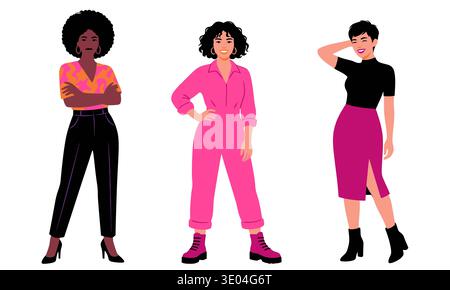 Drei verschiedene Frauen stehen selbstbewusst in stylischen Outfits. Die Illustration zeigt leuchtende rosa und schwarze Farben, um Empowerment und Freunde zu feiern Stock Vektor