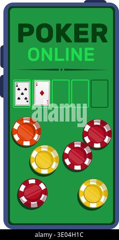 Mobiltelefon mit Online-Poker-App auf dem Bildschirm. Spiele Ass-Karten und Casino-Chips. Online-Glücksspiel. Anzeige der Smartphone-Anwendung. Roulette Gewinnmarken Stock Vektor