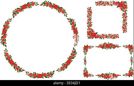 Geometrische Rahmen aus roten Rosenknospen. Hochzeitsdekoration. Blühende Pflanzen. Ecke der Blätter und Blüten. Rosensträuße. Rund, quadratisch und Stock Vektor