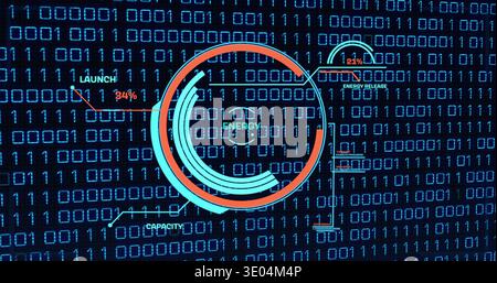 Anzeige der kreisförmigen Energiemessung auf dem Computer-HUD, Anzeige der ENERGIEMELDUNG, EINFÜHRUNG von 34% und VERSION 21% Stockfoto