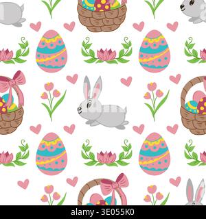 Nahtloses Ostermuster mit niedlichen Häschen, dekorierten Eiern, Körben und Blumen. Vektorillustration perfekt zum Einwickeln von Papier Stock Vektor