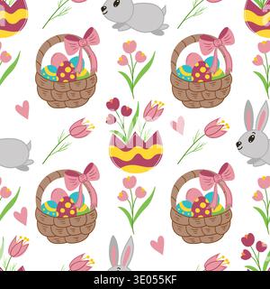 Nahtloses Ostermuster mit niedlichen Häschen, dekorierten Eiern, Körben und Blumen. Vektorillustration perfekt für Verpackungspapier, Textil Stock Vektor