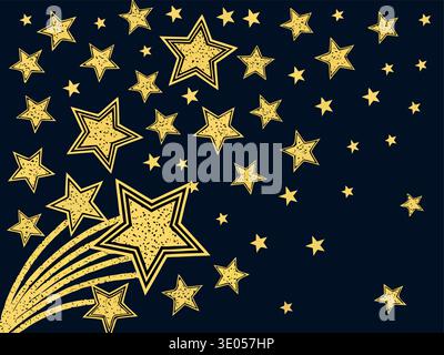 Illustration von gelben Sternen mit handgezeichneter Textur auf dunkelblauem Hintergrund mit einer Spur von Sternstaub. Stock Vektor