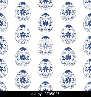 Nahtloses Ostermuster mit skandinavischen Folk-Eiern im blauen Stil. Nordischer Folk-Vektor-Hintergrund. Stock Vektor