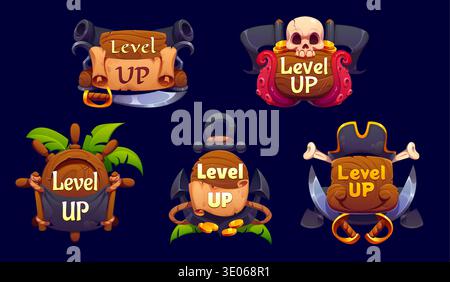 Pirate Level Up Rang Vektorsymbole und Piraterie Spiel Abzeichen von Schädel mit Tentakeln und Kanonen mit Scroll. Piraten-Level-up-Symbole wie Palme, Anker und Seil mit Münzen, Tricorn-Hut, Knochen und Säbel Stock Vektor