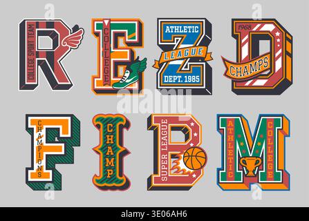 Varsity Sport-Label-Buchstaben mit sportlichen Symbolen und Textelementen wie champions, College und League. Vintage-Schriftzeichen im Retro-Stil, Trikotmuster für Schulteams, College- und Universitätsteams Stock Vektor