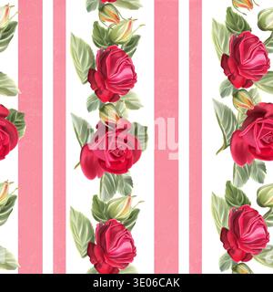 Ein nahtloses Aquarellmuster aus leuchtenden roten Rosen mit grünen Blättern auf einem gestreiften rosa Hintergrund, das ein klassisches Blumendesign für Tex zeigt Stockfoto