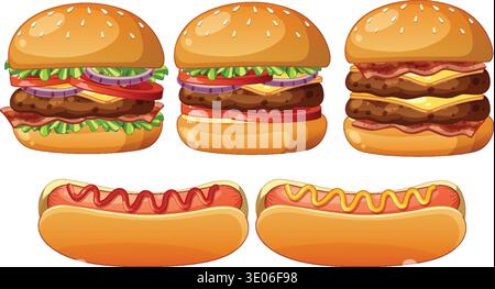 Vektorillustration von drei Burgern und zwei Hot Dogs mit Toppings auf weißem Hintergrund Stock Vektor