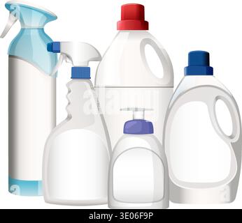 Vektorillustration von Kunststoffreinigungsflaschen, verschiedene Formen, farbige Kappen, weißer Hintergrund, flache Art Stock Vektor