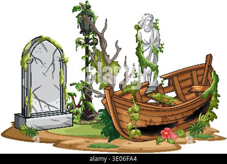 Vektor-Illustration des ruinierten Friedhofs mit Efeu-bedeckten Grabstein, Statue, verfallendem Holzboot und Vegetation Stock Vektor