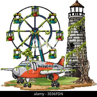 Bunte Vektorillustration des verlassenen Vergnügungsparks mit Flugzeug, Riesenrad und moosigem Leuchtturm Stock Vektor