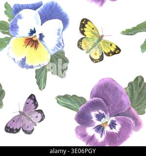 Ein nahtloses, lebendiges Blumenmuster mit Stiefmütterchen und Schmetterlingen, handgemalt in Aquarell auf einem isolierten Hintergrund. Botanische Clip-Art für Stoff, Stockfoto