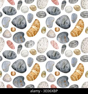 Aquarellstein Nahtloses Muster, Handgemalter Strand-Steine-Hintergrund. Natürliche organische Steinstruktur, perfekt für Textildesign und Tapeten Stockfoto