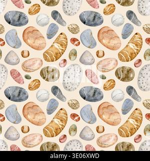 Aquarellstein Nahtloses Muster, Handgemalter Strand-Steine-Hintergrund. Natürliche organische Steinstruktur, perfekt für Textildesign und Tapeten Stockfoto