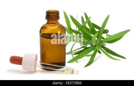 Artemisia dracunculus (Estragon) Flasche ätherischen Öls mit Glastropfer isoliert auf weißem Hintergrund. Kräuterextrakt zur Aromatherapie, pflanzliche Medizin Stockfoto