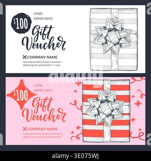 Geschenkgutscheinkarten-Set mit handgezeichneter Geschenkbox und kreisförmiger Schleife. Hintergrund des Feiertagsgeschäfts in Rot und Rosa. Vektorvorlage für Geschenkgutschein, Stock Vektor