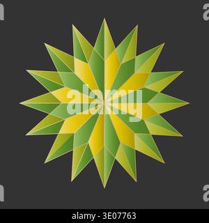 Geometrische Sterndarstellung. Strahlendes Polygon-Ornament. Grüne gelbe Palette. Abstraktes Vektoremblem. Stock Vektor