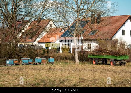 Bunte Bienenstöcke Im Ländlichen Garten-Apiary: Hinterhof-Bienenzuchtszene Mit Solardachhäusern In Bayern Deutschland Stockfoto