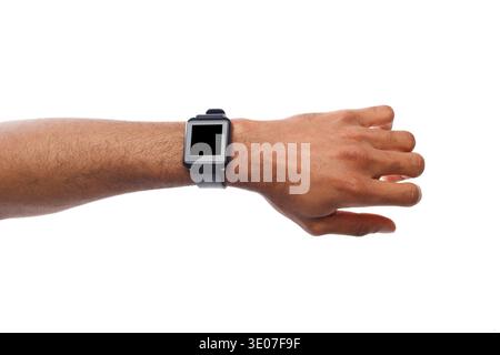 Modell der Hand, die eine intelligente Uhr trägt, Ausschnitt Stockfoto