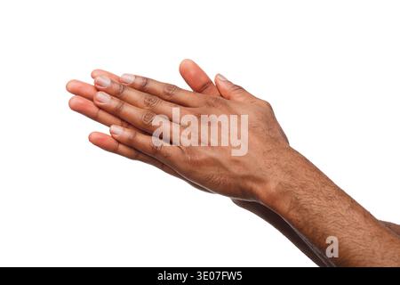 Schwarze männliche Hände isoliert auf weiß Stockfoto