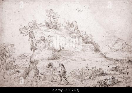 Diese faszinierende Zeichnung mit Stift und Tinte, „Landschaft und Figuren“, von Annibale Carracci aus dem späten 16. Oder frühen 17. Jahrhundert, zeigt eine dramatische Erzählung innerhalb einer klassischen Landschaft. Die Figuren tragen eine Leiche, während andere in Not sind oder von den Hängen eines zerklüfteten, baumbedeckten Hügels aus beobachten. Stockfoto