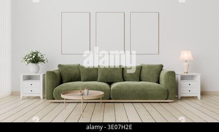 Das grüne Sofa ist in einem hellen Raum. An der Wand befinden sich drei leere Rahmen. Vor dem Sofa befindet sich ein kleiner Tisch mit einer Lampe und einer Pflanze. 3D-Rendering. Stockfoto